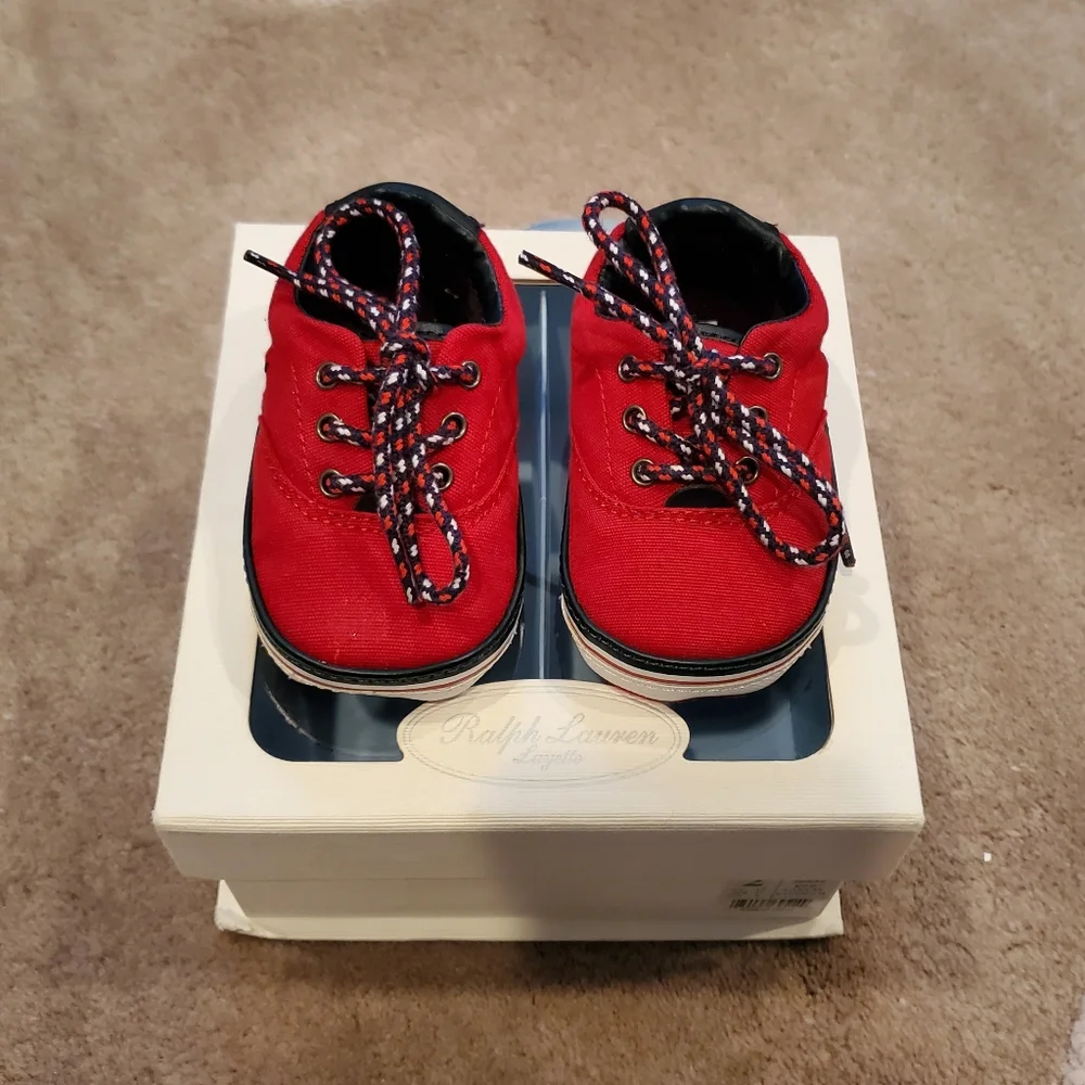 Ralph Lauren Layette Baby Red Canvas Vaughn II Shoes with Box